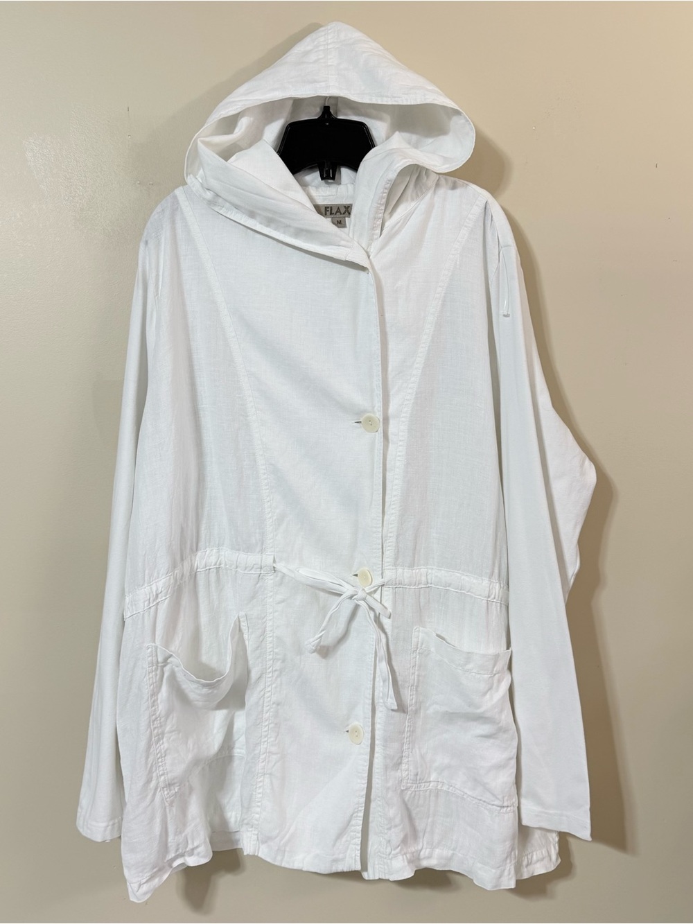 FLAX White 100% Linen Hooded Button Front Lightweight Jacket size M
